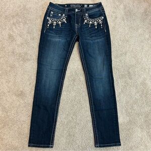 Miss Me Dark Blue ankle Skinny denim Jeans with gem jewel Embellishments Sz 28